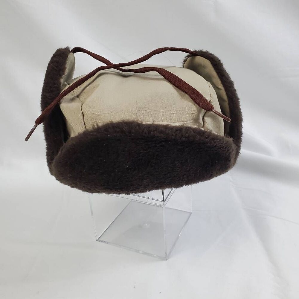 Vintage P Trap Beige & Brown Faux Fur Trapper Hat – Quilted Lined, Made in USA,